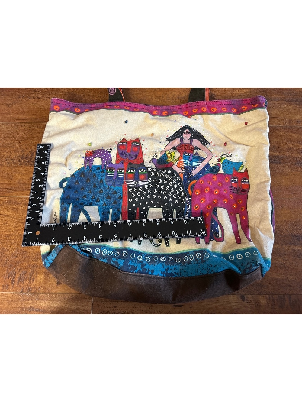 Laurel Burch Colorful Cat Print Canvas Tote Bag with Suede Bottom